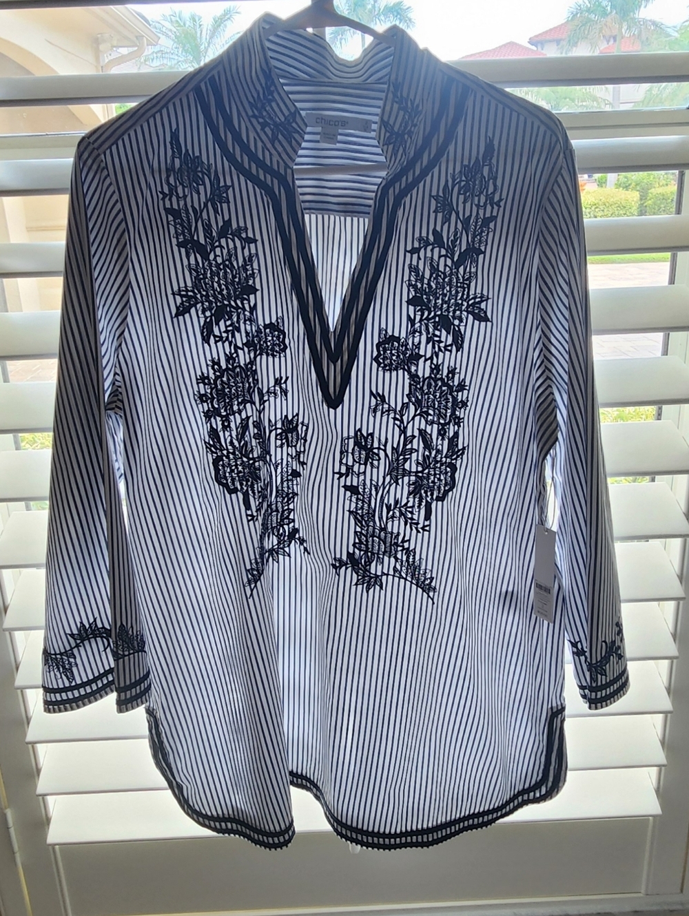 Chico's Navy and White Striped Embroidered Tunic